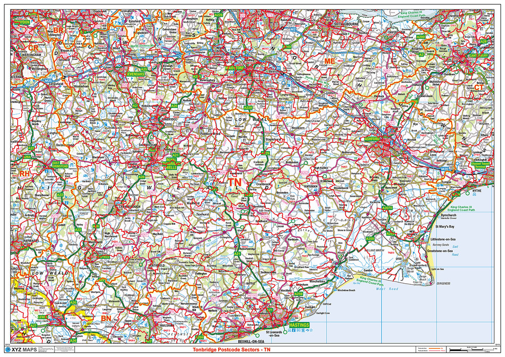 (G113) Map of Tonbridge Postcode Sectors, Poster of Tonbridge Postcodes